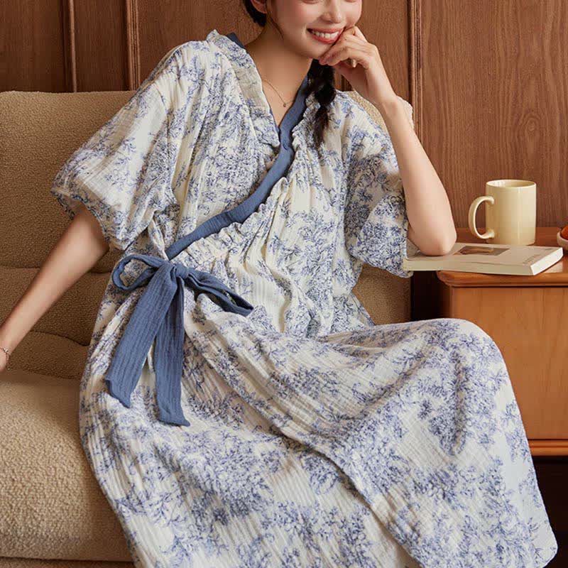 Country Style Padded Tie Nightgown with Pocket