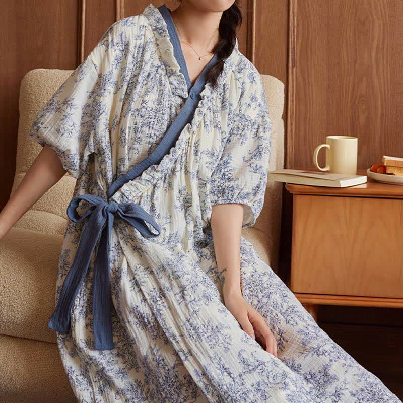 Country Style Padded Tie Nightgown with Pocket - image 5