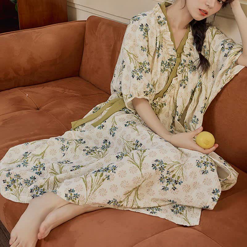Pastoral Padded Short Sleeve Tie-Back Nightgown with Pocket - image 2