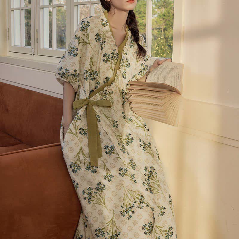 Pastoral Padded Short Sleeve Tie-Back Nightgown with Pocket - image 7