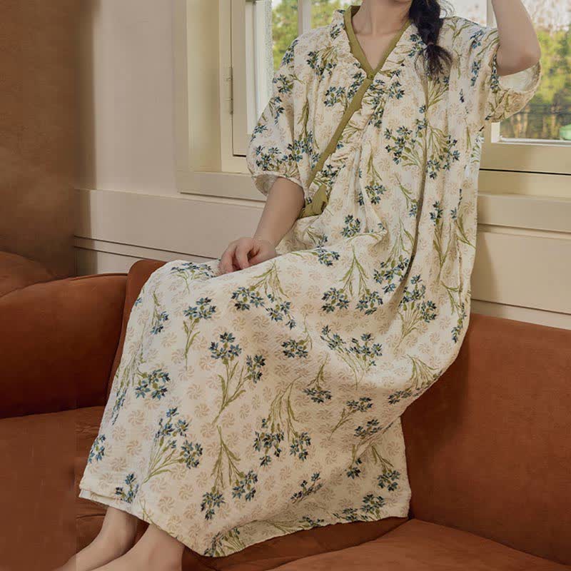 Pastoral Padded Short Sleeve Tie-Back Nightgown with Pocket - XXL - image 0