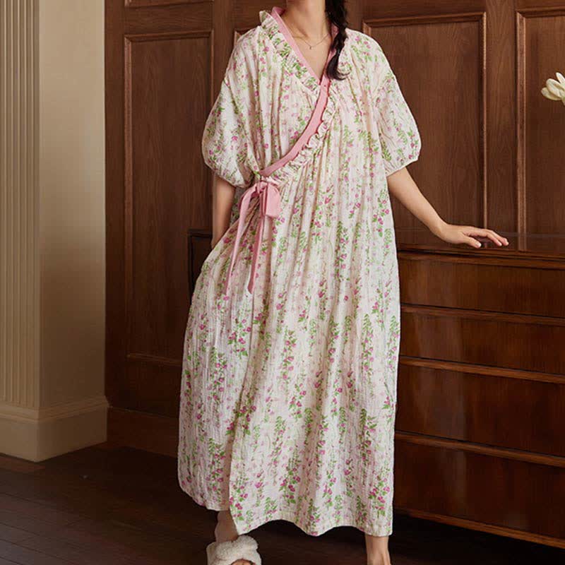Elegant Floral Print Tie-Back Nightgown with Pocket