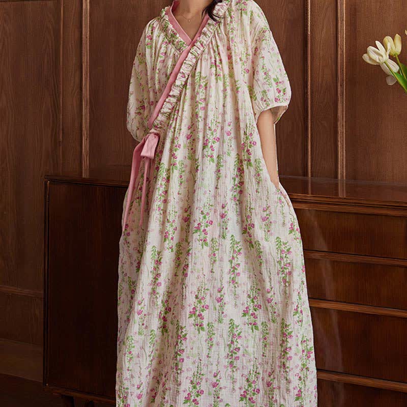 Elegant Floral Print Tie-Back Nightgown with Pocket