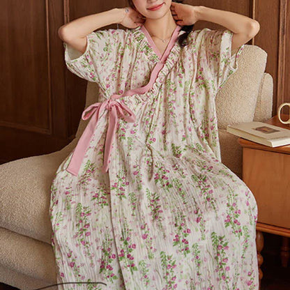 Elegant Floral Print Tie-Back Nightgown with Pocket