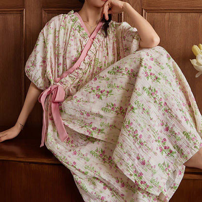 Elegant Floral Print Tie-Back Nightgown with Pocket - image 7