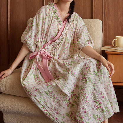 Elegant Floral Print Tie-Back Nightgown with Pocket - XXL - image 1