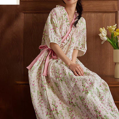 Elegant Floral Print Tie-Back Nightgown with Pocket