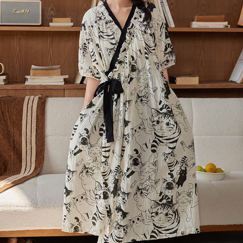 Country Style Padded Tie Nightgown with Pocket