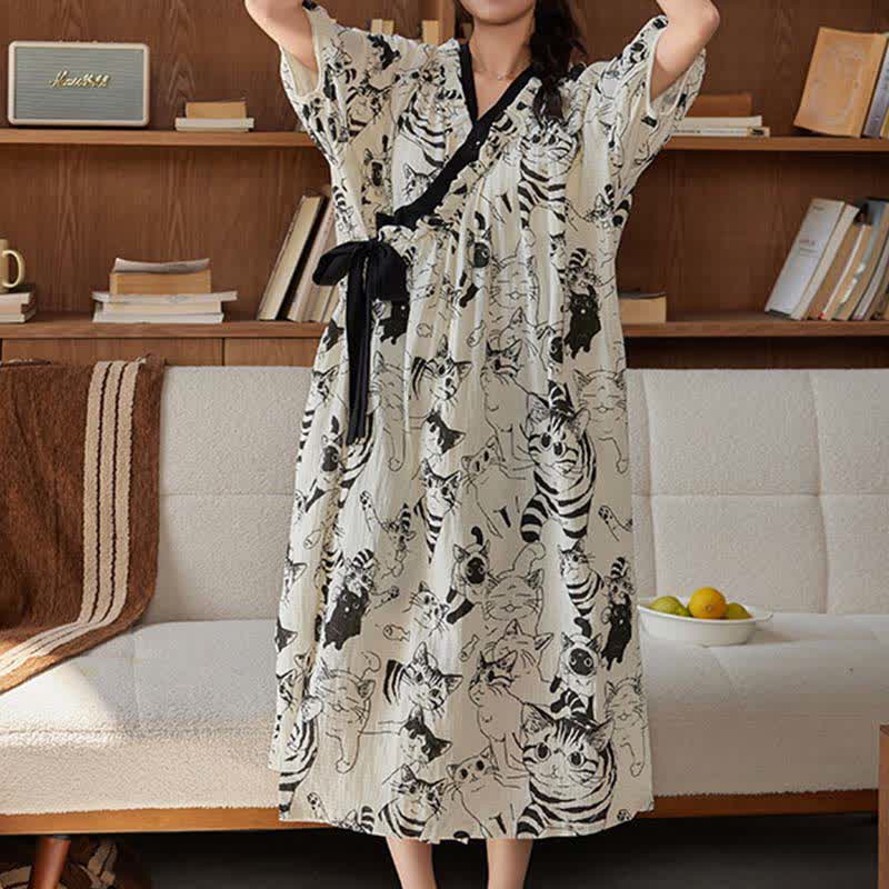 Country Style Padded Tie Nightgown with Pocket
