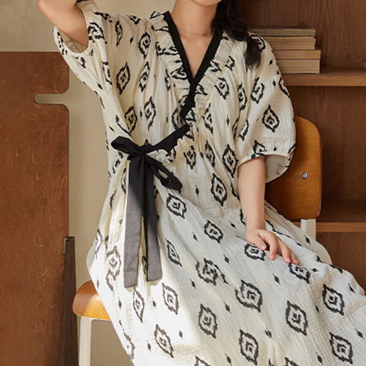 Geometric Pattern Print Padded Tie Nightgown with Pocket