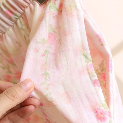 Rose Print Cotton Gauze Asymmetric Front Loungewear Set