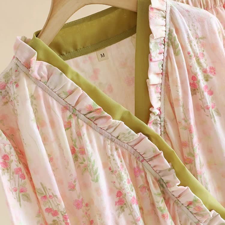 Rose Print Cotton Gauze Asymmetric Front Loungewear Set