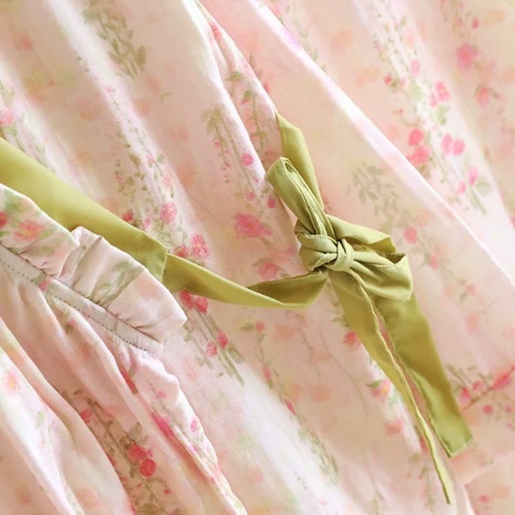 Rose Print Cotton Gauze Asymmetric Front Loungewear Set