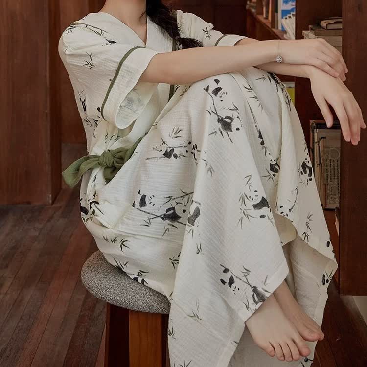 Panda Print Padded Tie Nightgown with Pocket