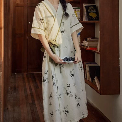 Panda Print Padded Tie Nightgown with Pocket - image 1