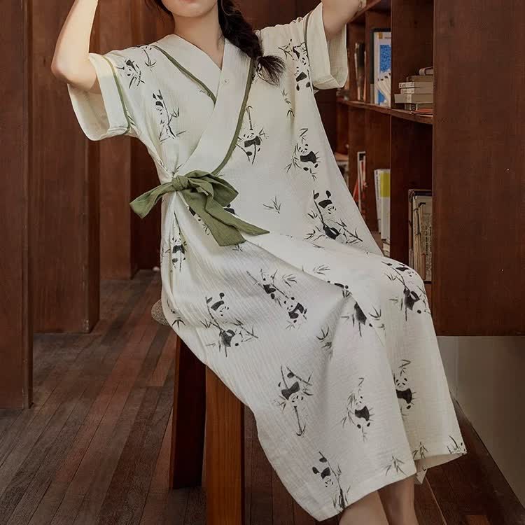 Panda Print Padded Tie Nightgown with Pocket