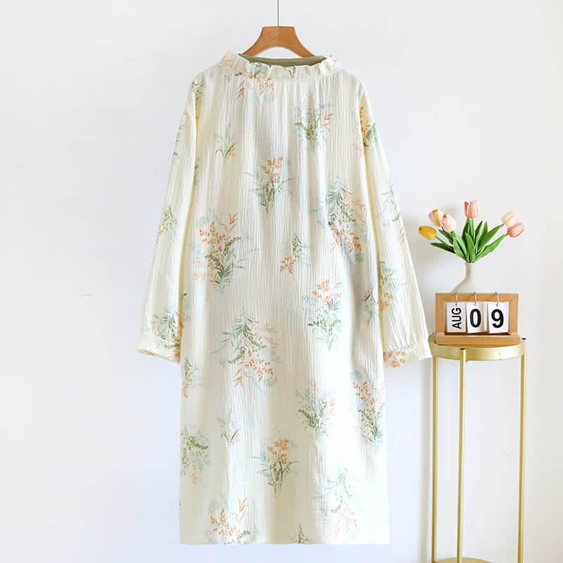 Plant Cotton Gauze Long Sleeve Nightgown with Pocket - image 1