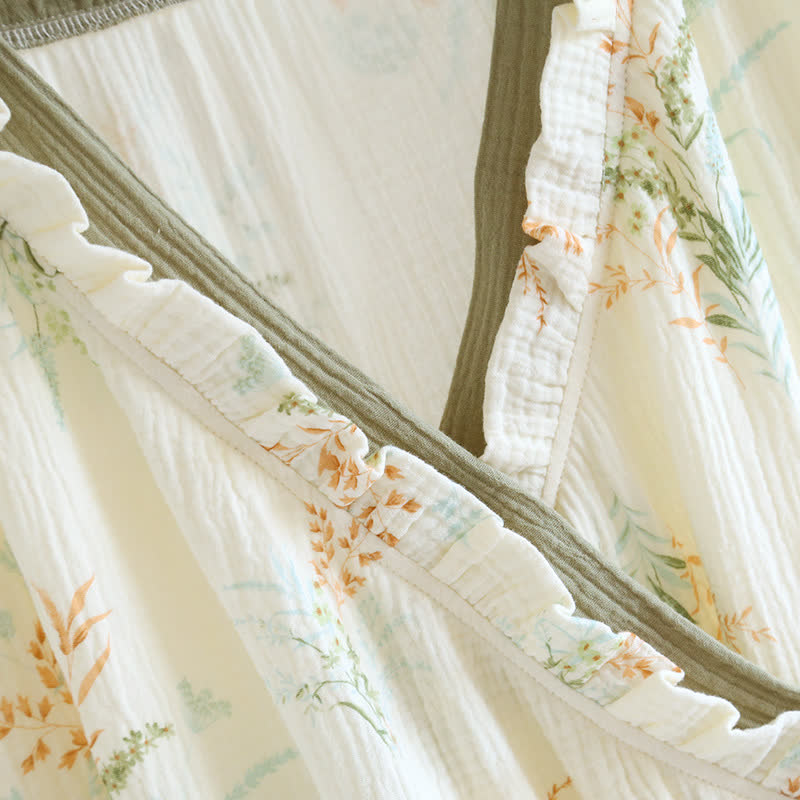 Plant Cotton Gauze Long Sleeve Nightgown with Pocket