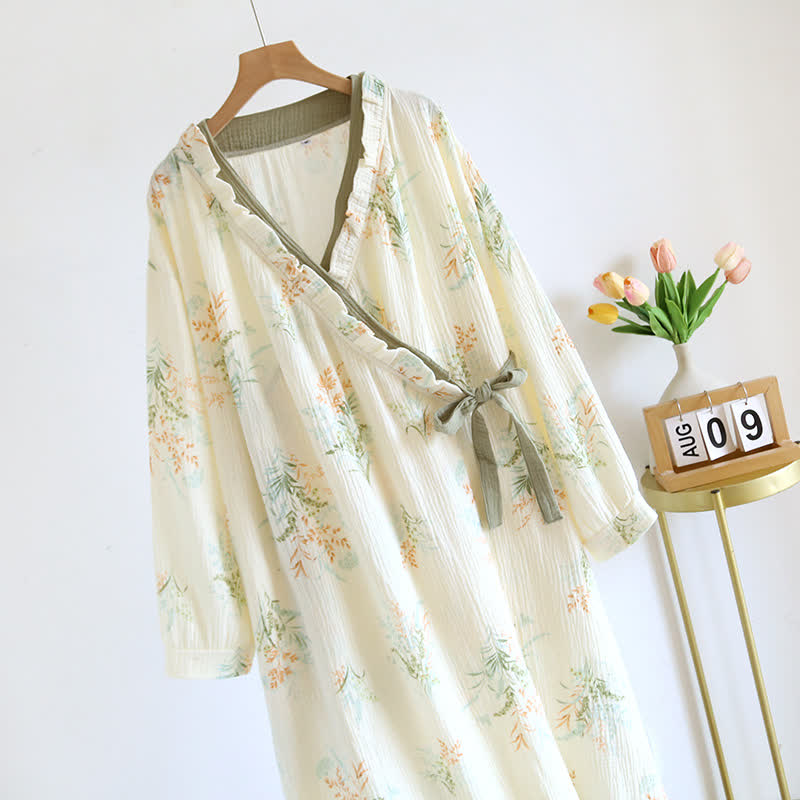 Plant Cotton Gauze Long Sleeve Nightgown with Pocket