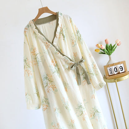 Plant Cotton Gauze Long Sleeve Nightgown with Pocket