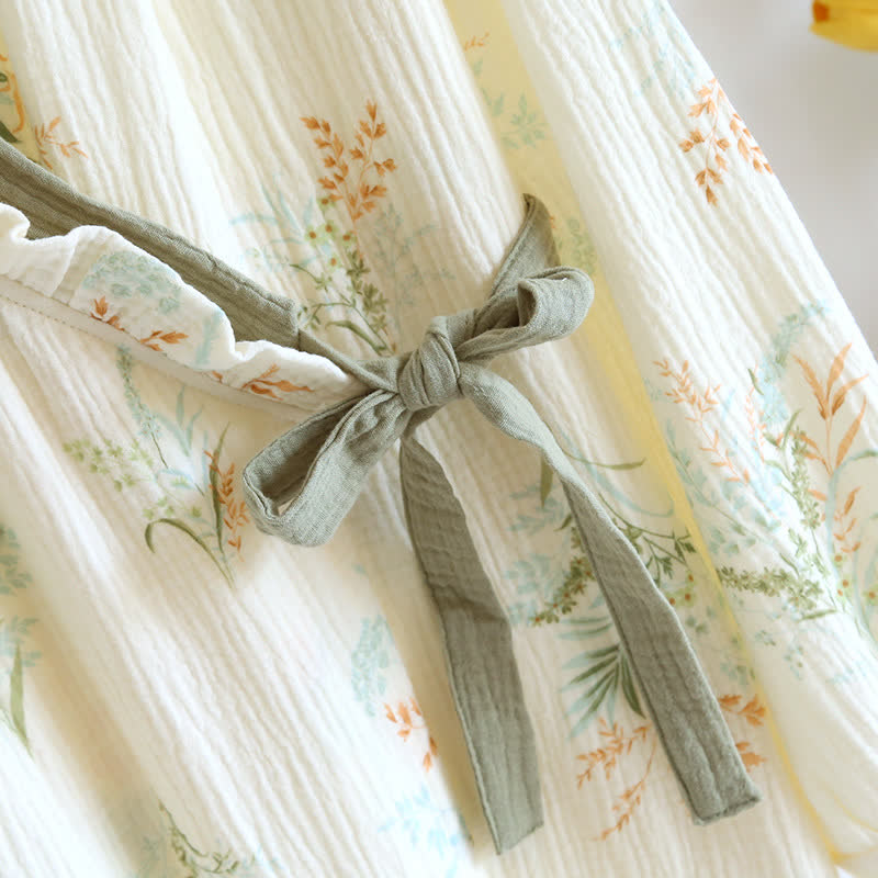 Plant Cotton Gauze Long Sleeve Nightgown with Pocket