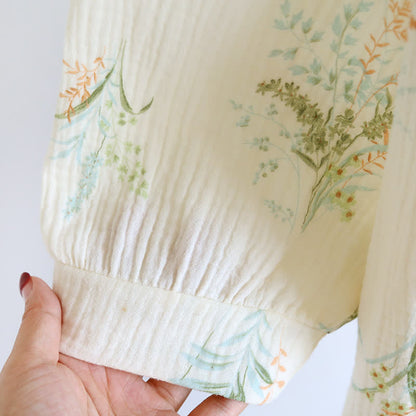 Plant Cotton Gauze Long Sleeve Nightgown with Pocket