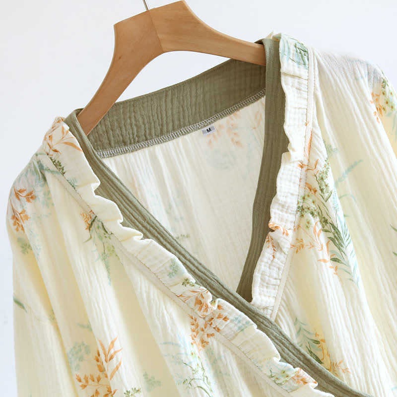 Plant Cotton Gauze Long Sleeve Nightgown with Pocket