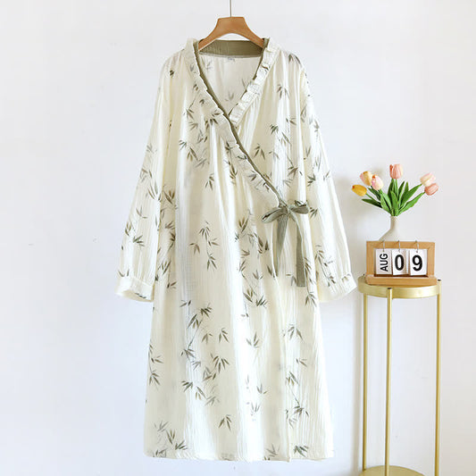 Bamboo Cotton Gauze Long Sleeve Nightgown with Pocket