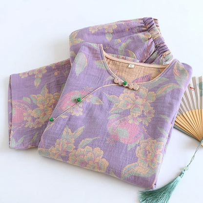 Elegant Vintage Yarn-dyed Jacquard Cotton Loungewear Set