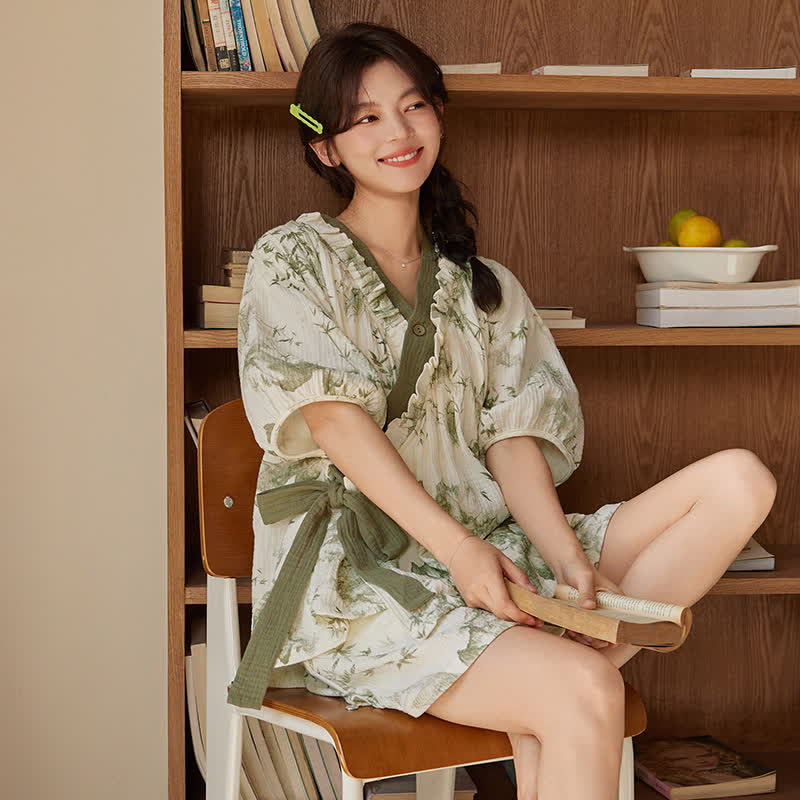 Bamboo Print Short Sleeve Bra Free Pajama Set