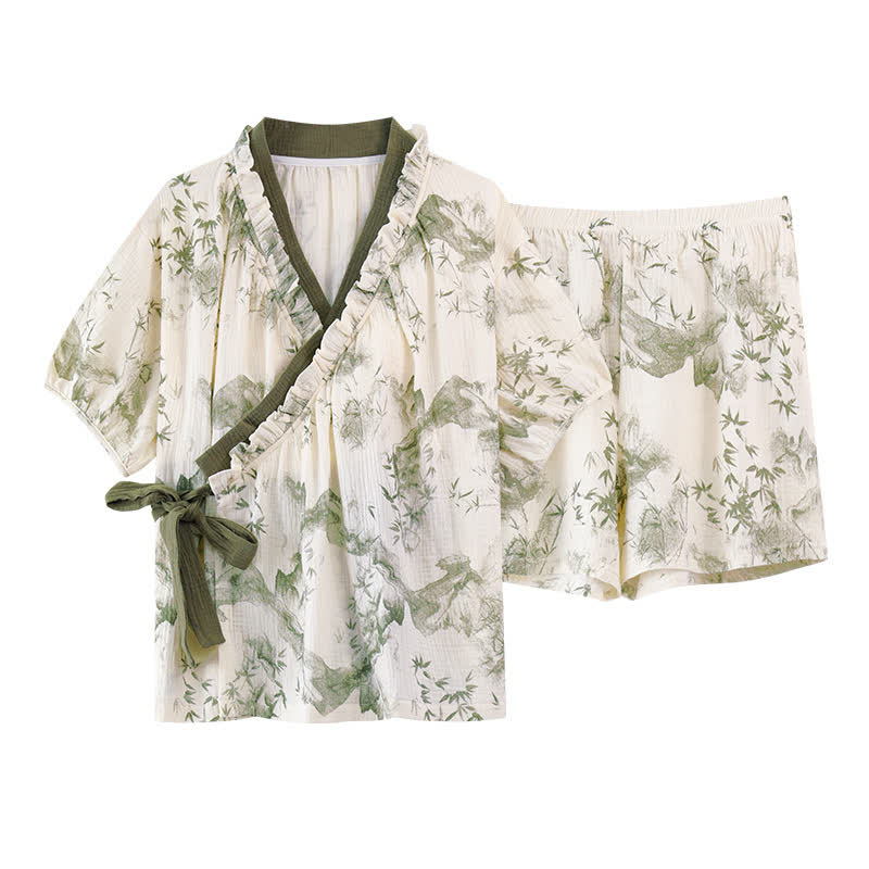 Bamboo Print Short Sleeve Bra Free Pajama Set