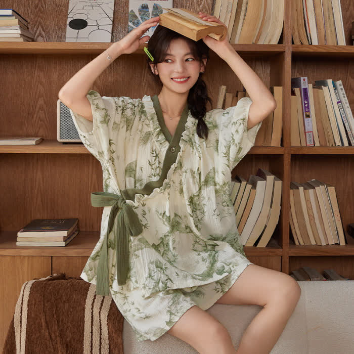 Bamboo Print Short Sleeve Bra Free Pajama Set