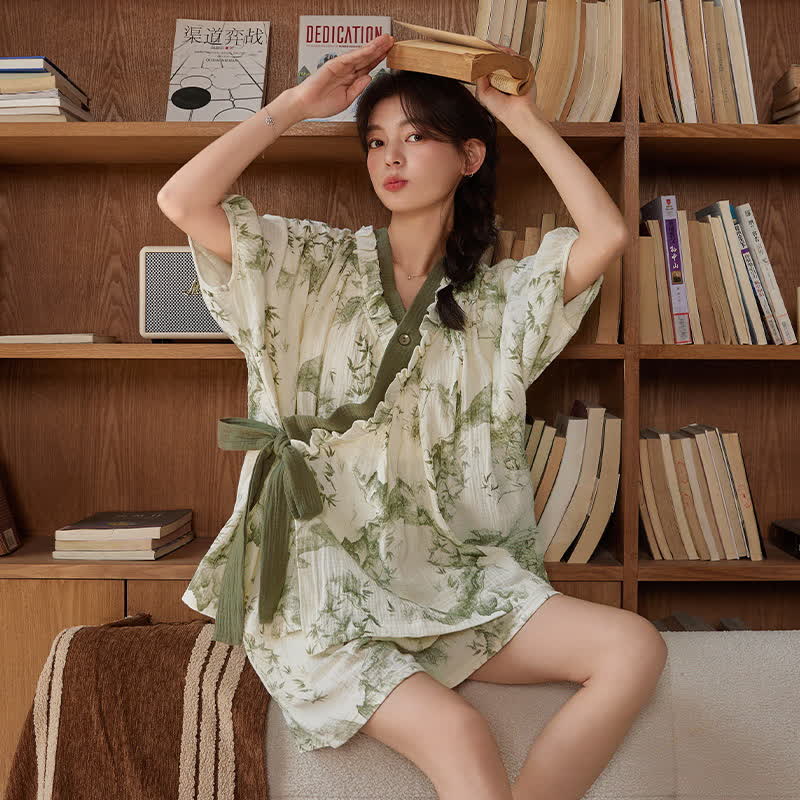 Bamboo Print Short Sleeve Bra Free Pajama Set