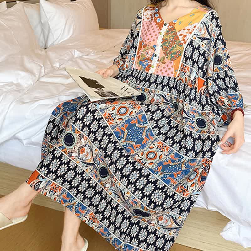 Plus Size Long Sleeve Ethnic Style Nightdress