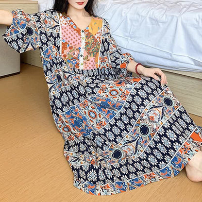 Plus Size Long Sleeve Ethnic Style Nightdress