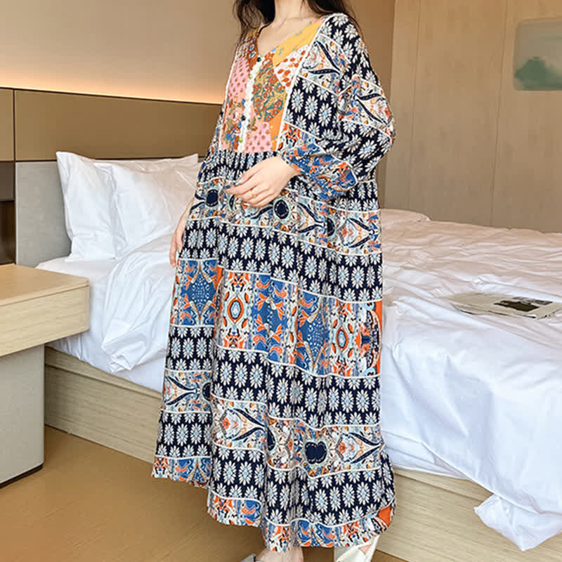 Plus Size Long Sleeve Ethnic Style Nightdress