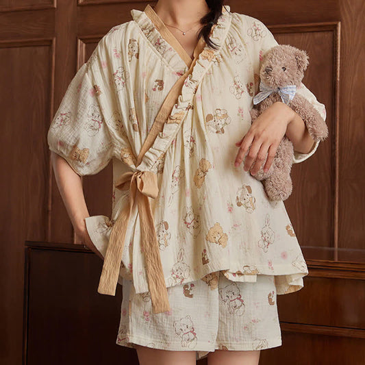 Cartoon Print Short Sleeve Bra Free Pajama Set