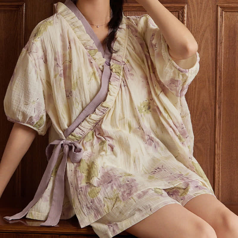 Elegant Floral Short Sleeve Bra Free Pajama Set