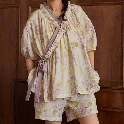 Elegant Floral Short Sleeve Bra Free Pajama Set