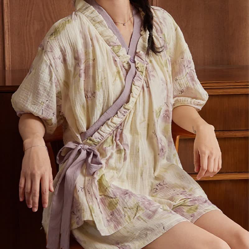 Elegant Floral Short Sleeve Bra Free Pajama Set