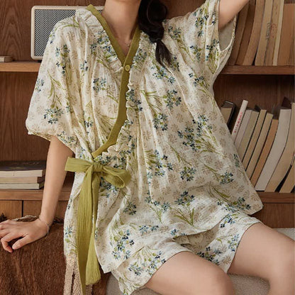 Pastoral Floral Short Sleeve Bra Free Pajama Set