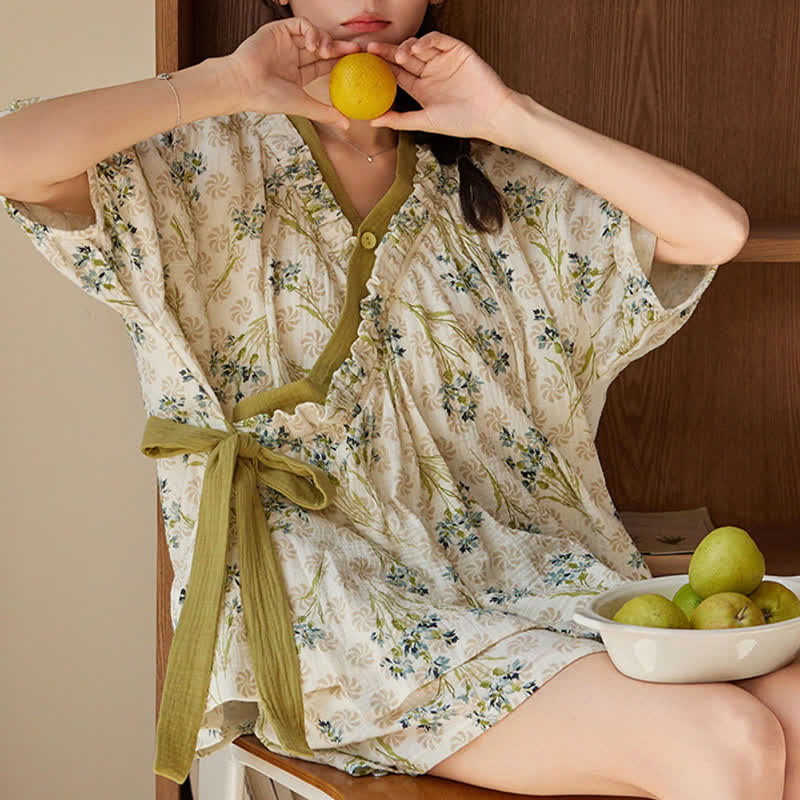 Pastoral Floral Short Sleeve Bra Free Pajama Set