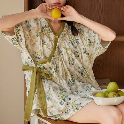 Pastoral Floral Short Sleeve Bra Free Pajama Set