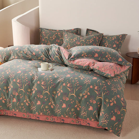 Elegant Floral Cotton Reversible Bedding Set(4PCS)