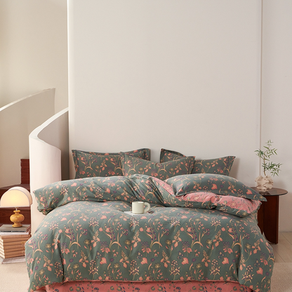 Elegant Floral Cotton Reversible Bedding Set(4PCS)