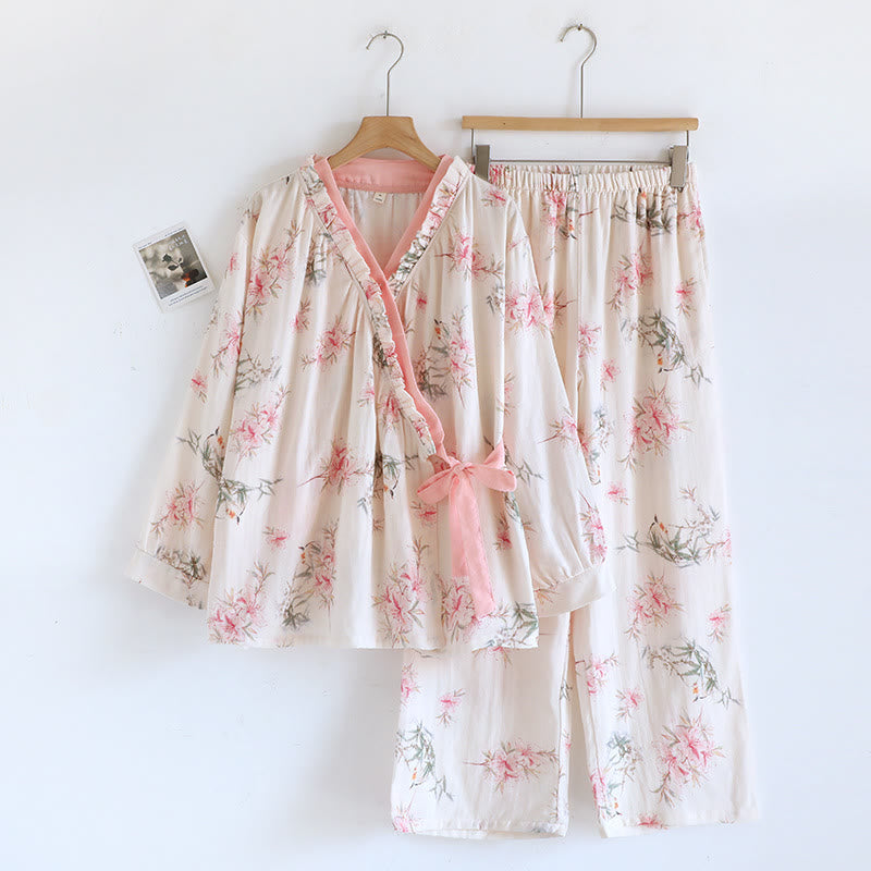 Lily Flower Cotton Kimono Pajama Set
