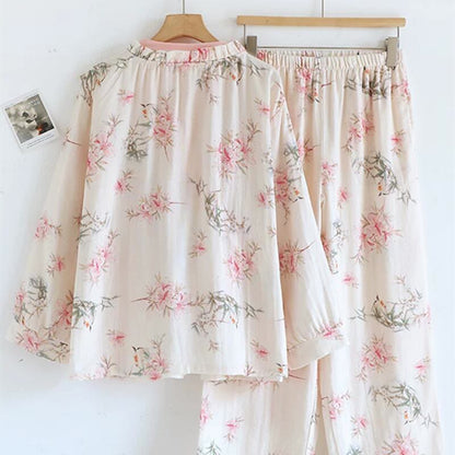 Lily Flower Cotton Kimono Pajama Set