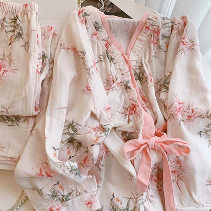 Lily Flower Cotton Kimono Pajama Set