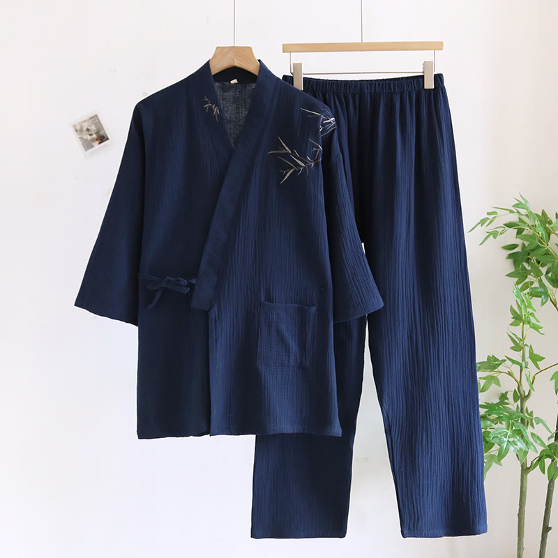 Unisex Bamboo Jacquard Kimono Pajama Set - Navy Blue - XL - image 4