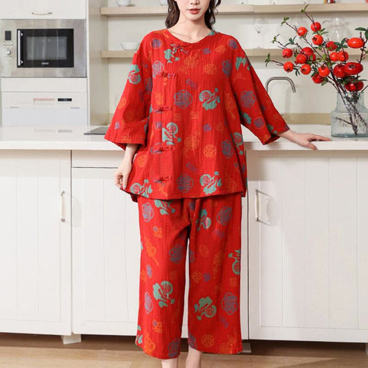 Red "Fu" Frog Button Cotton Pajama Set